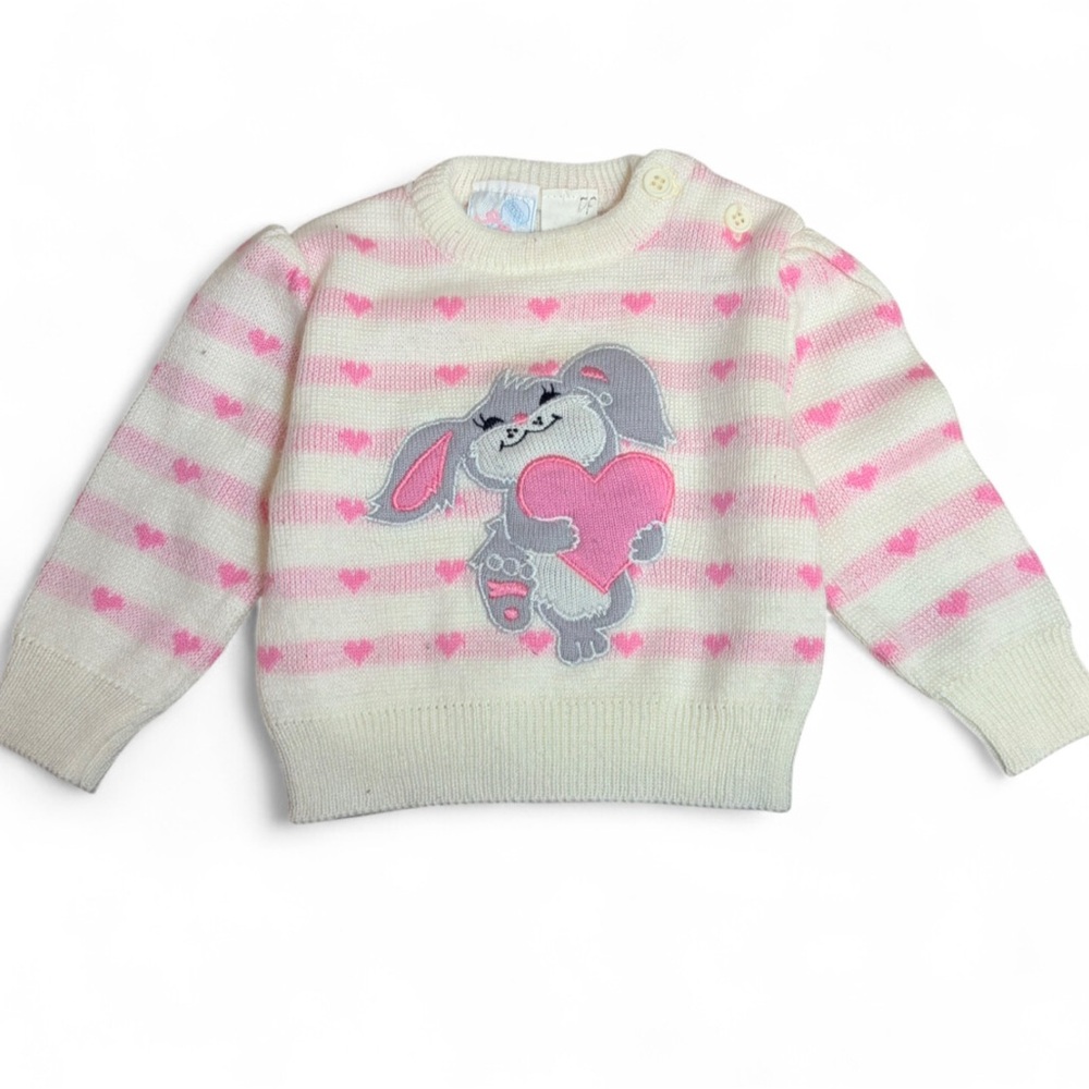 Vintage‎ Rattles Baby Girl Pink White Stripe Bunny Appliqué Heart Knit Sweater
